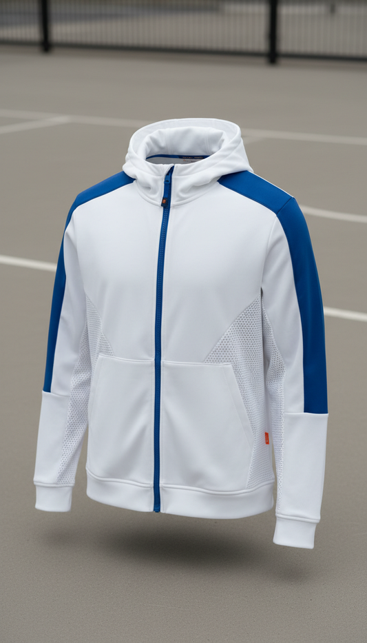 White Technical Hoodie with Blue Mesh Accents