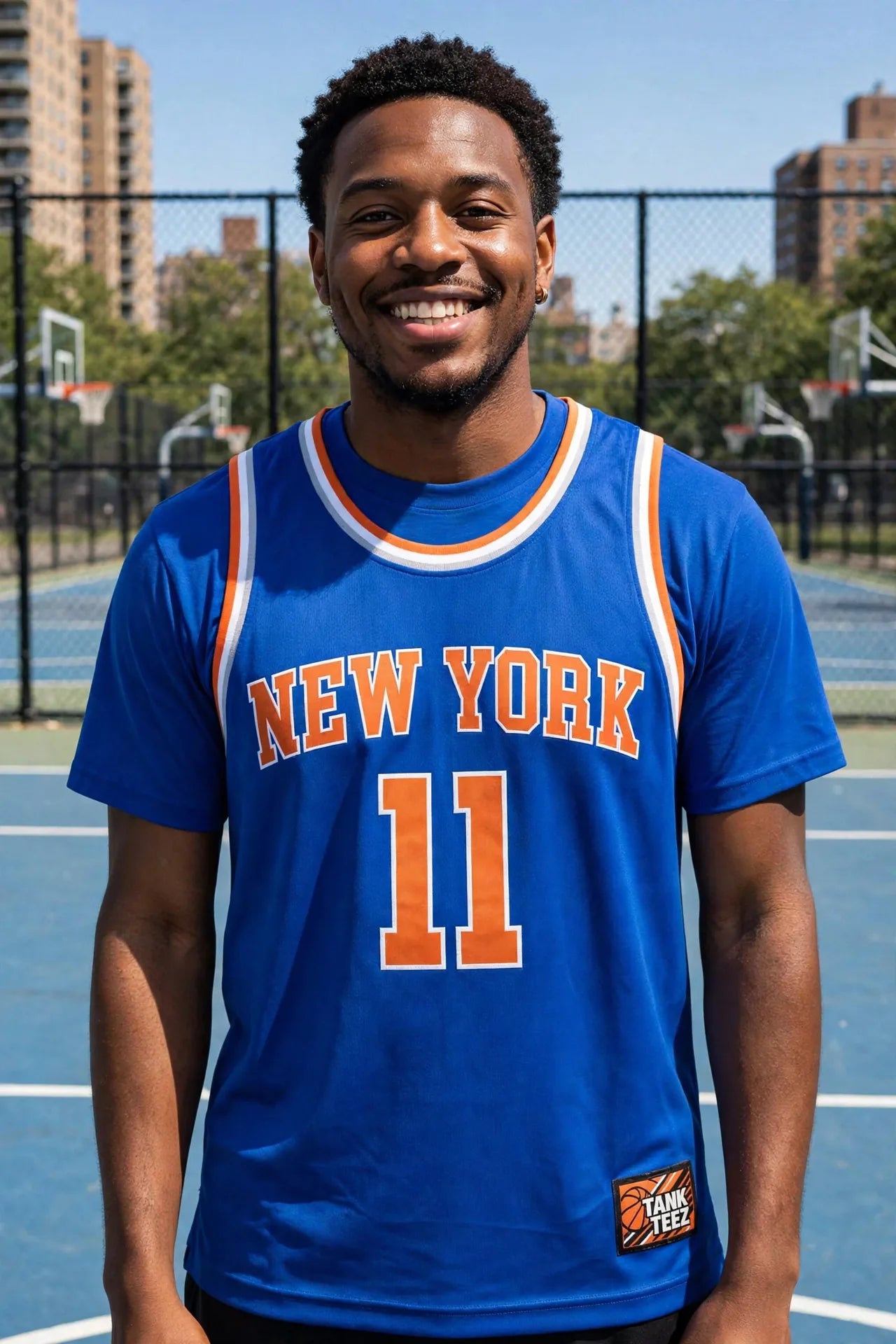 Blue jersey portrait on a basketball court