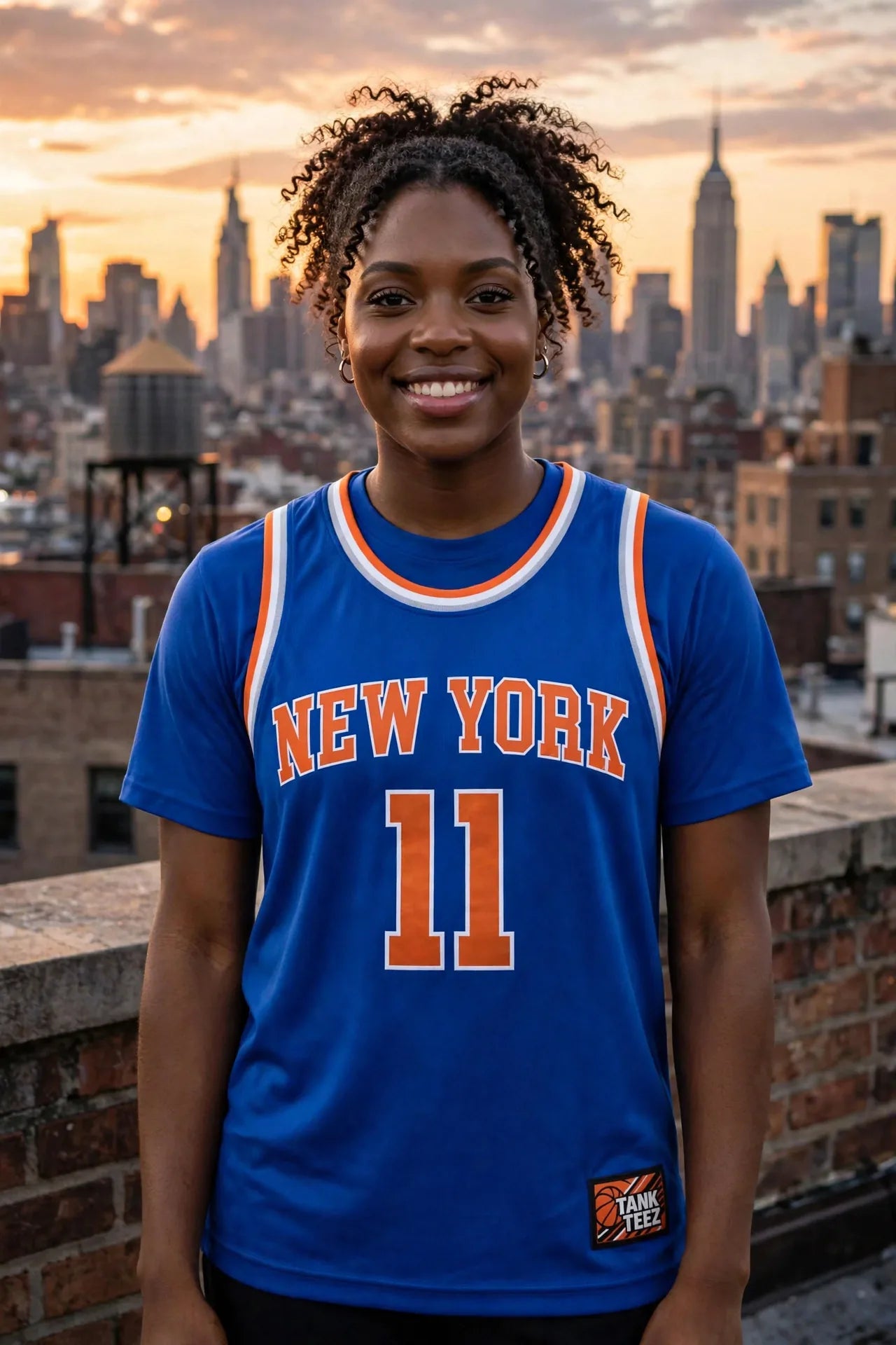 Blue jersey on a rooftop at sunset