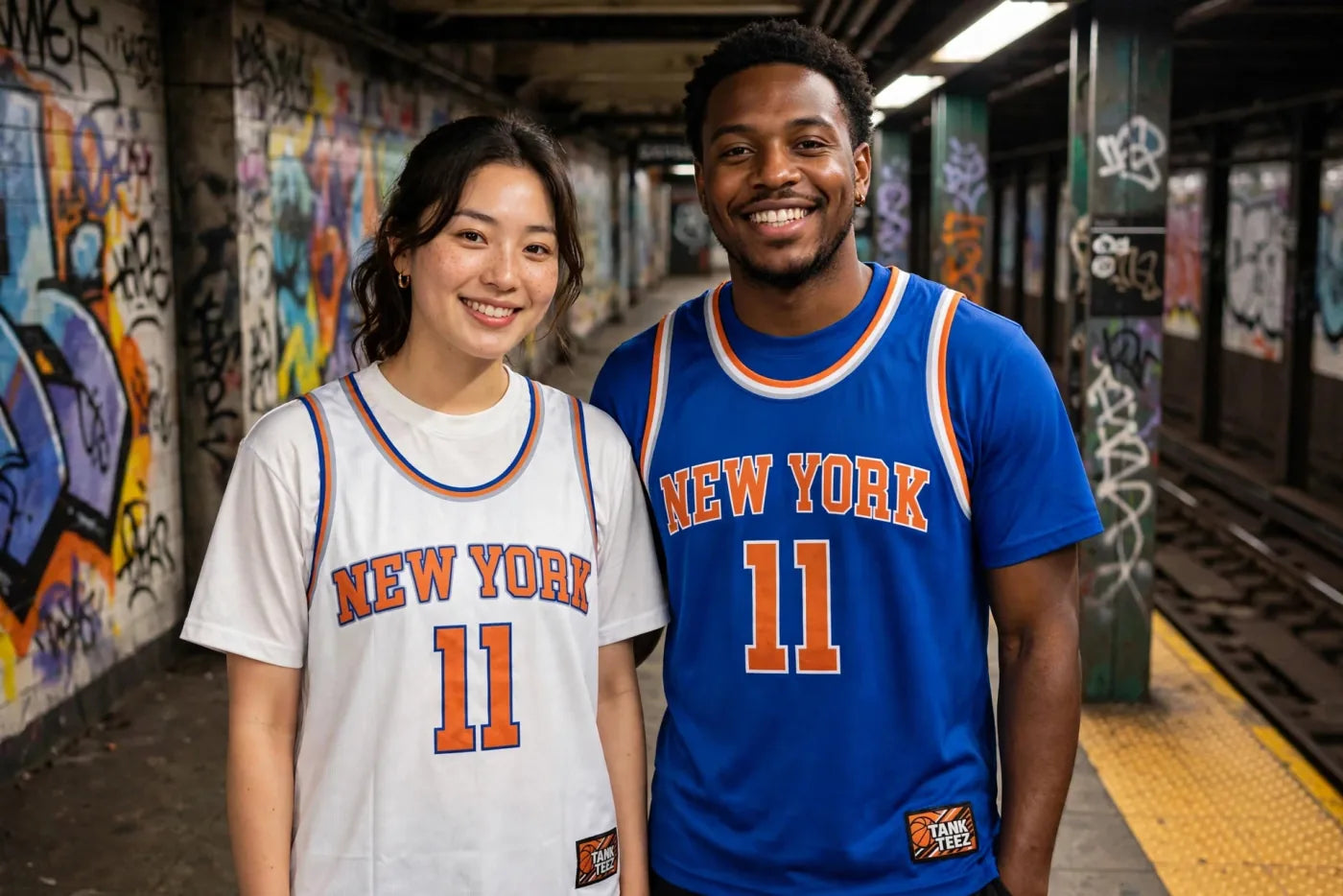 Two friends wearing the white and blue MVP jerseys in a subway station