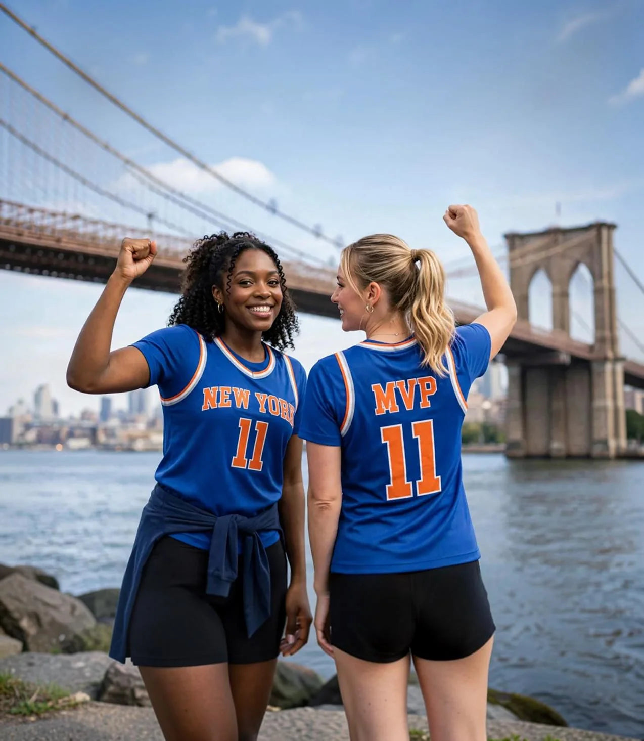 Two fans celebrating in blue New York 11 MVP jerseys by the Brooklyn Bridge