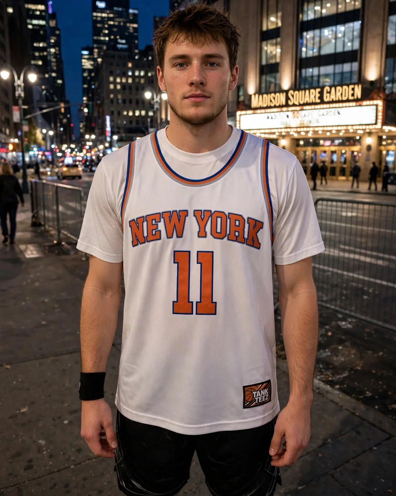White MVP 11 jersey outside Madison Square Garden at night
