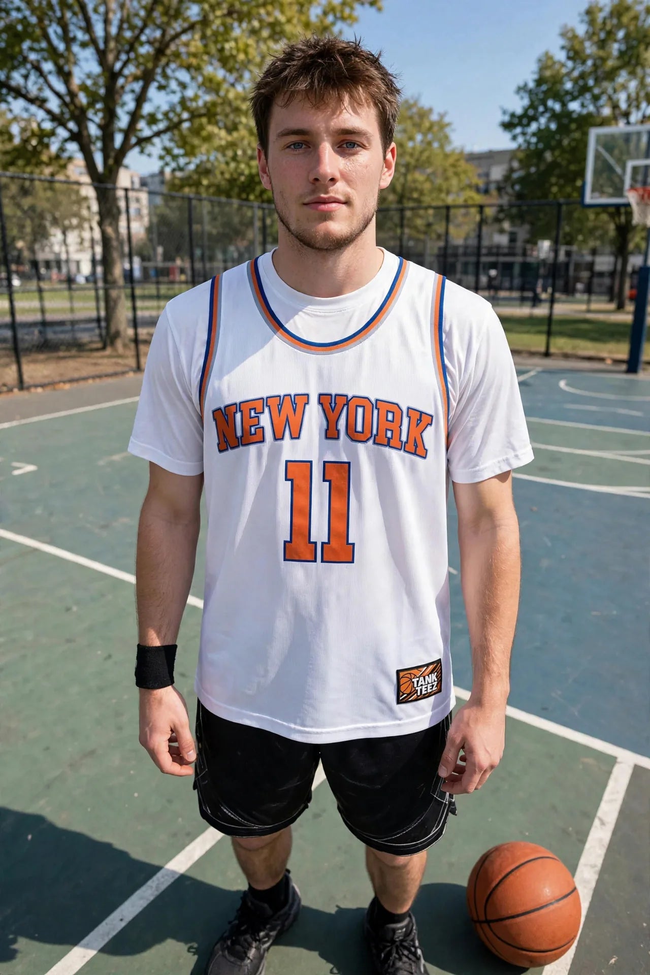 White jersey portrait on an outdoor court