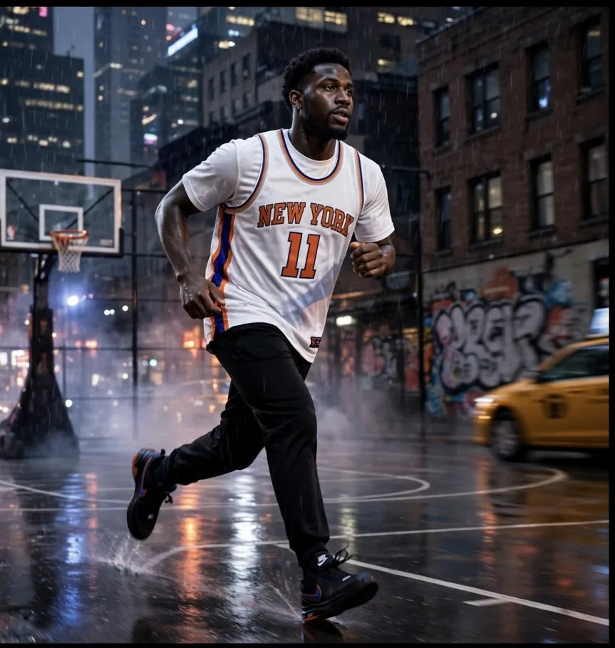 White jersey running through the rain at night